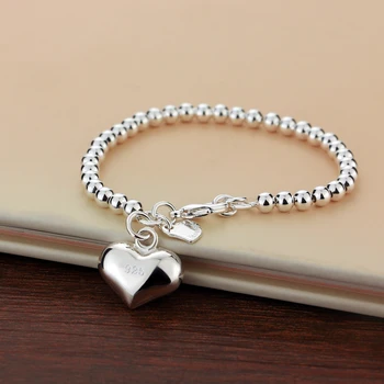 

High Quality Simple 925 sterling silver Bead Fine Bracelet For Girl / woman Fashion 100% Silver heart Bracelet jewelry