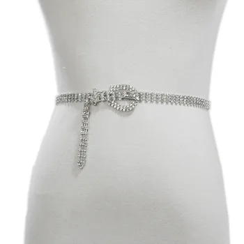 

Super Shine Thin 3 Row Silver Bling Bridal Wedding Crystal Chain with Silver Diamond Belt Women's Rhinestone Belt BG-1283