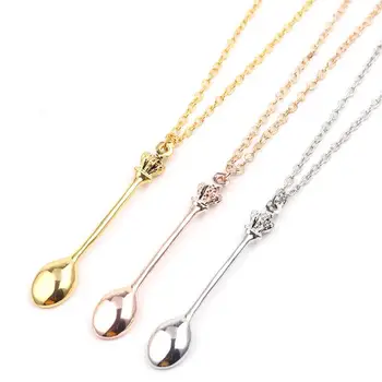 

Charm Tiny Tea Spoon Shape Pendant Necklace With Crown For Women 3 Colors Creative Mini Long Link Jewelry Spoon Shape Necklace
