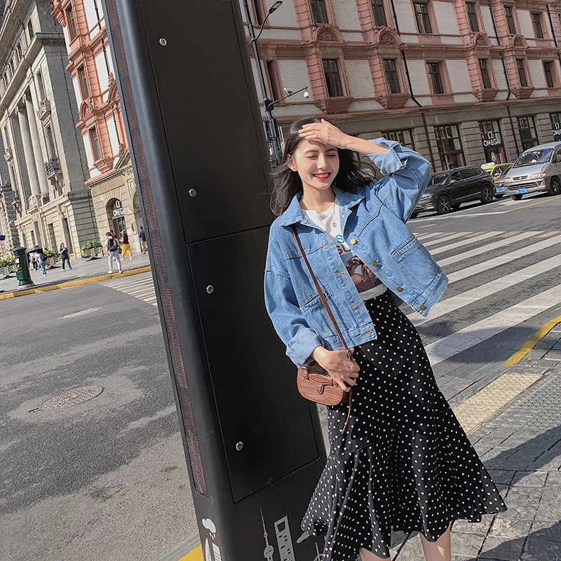 Ulzzang Женские повседневные джинсовые куртки однобортные джинсы Свободные Женские базовые пальто Модная Верхняя одежда лето осень