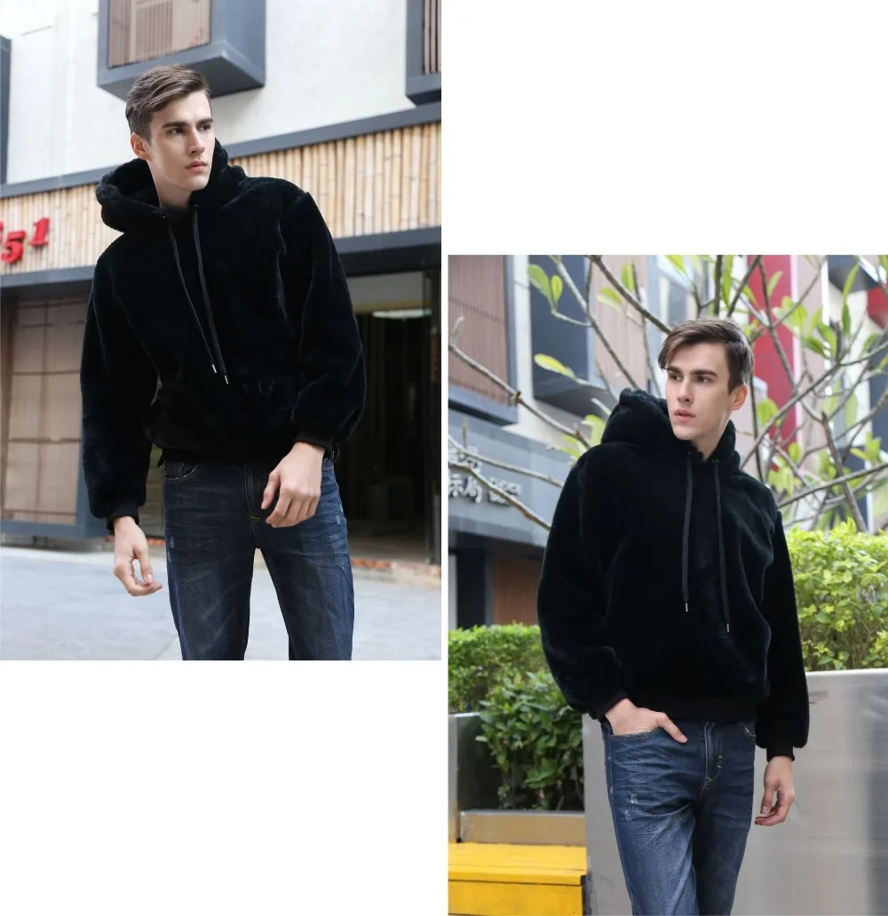Модная флисовая пушистая толстовка с капюшоном из искусственного меха для мужчин; повседневные Черные плюшевые толстовки с капюшоном; Зимние толстовки с длинными рукавами; теплые плотные пальто