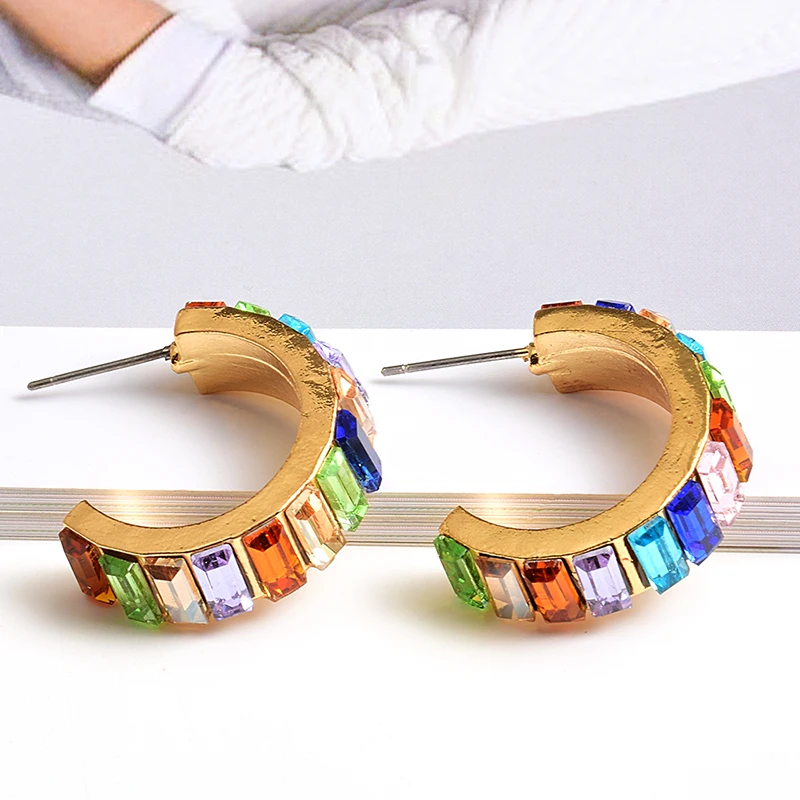 

New Arrival Colorful Crystals Metal Round Earrings Fashion Trendy Drop Earring High-Quality Jewelry Accessorie For Women