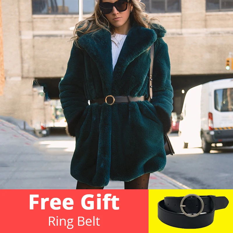 

High Waist Belted Faux Rabbit Fur Jacket Coat Autumn Winter Warm Long Overcoat Outerwear High Street Fashion Fluffy Jackets Coat