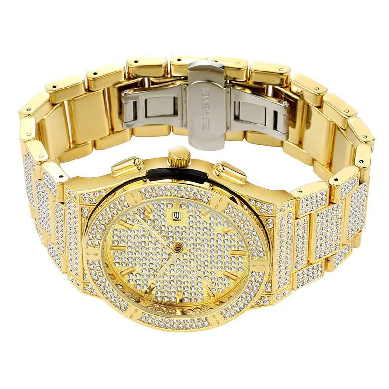 dropship ice out full diamond watch for men gold silver stainless steel band mens quartz watches business watches hip hop male clock waterproof 18K gold plated 2020 (20)