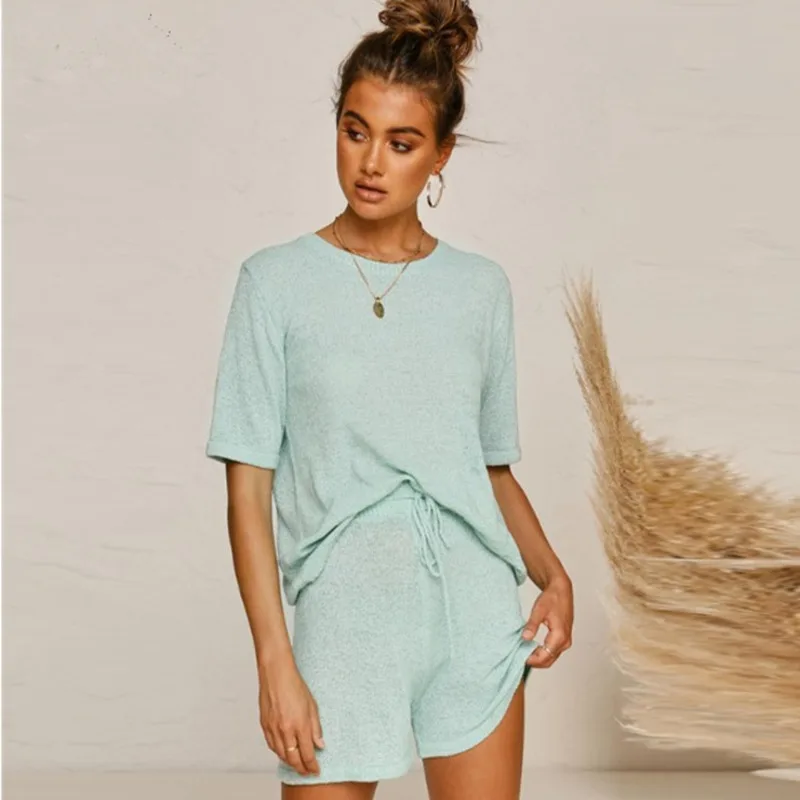 

Women 2 Piece Set Knitted Outfits Set Autumn Beach Suits Casual Women O Neck Short Sleeve Crop Top Shorts Suits Women Sports Set