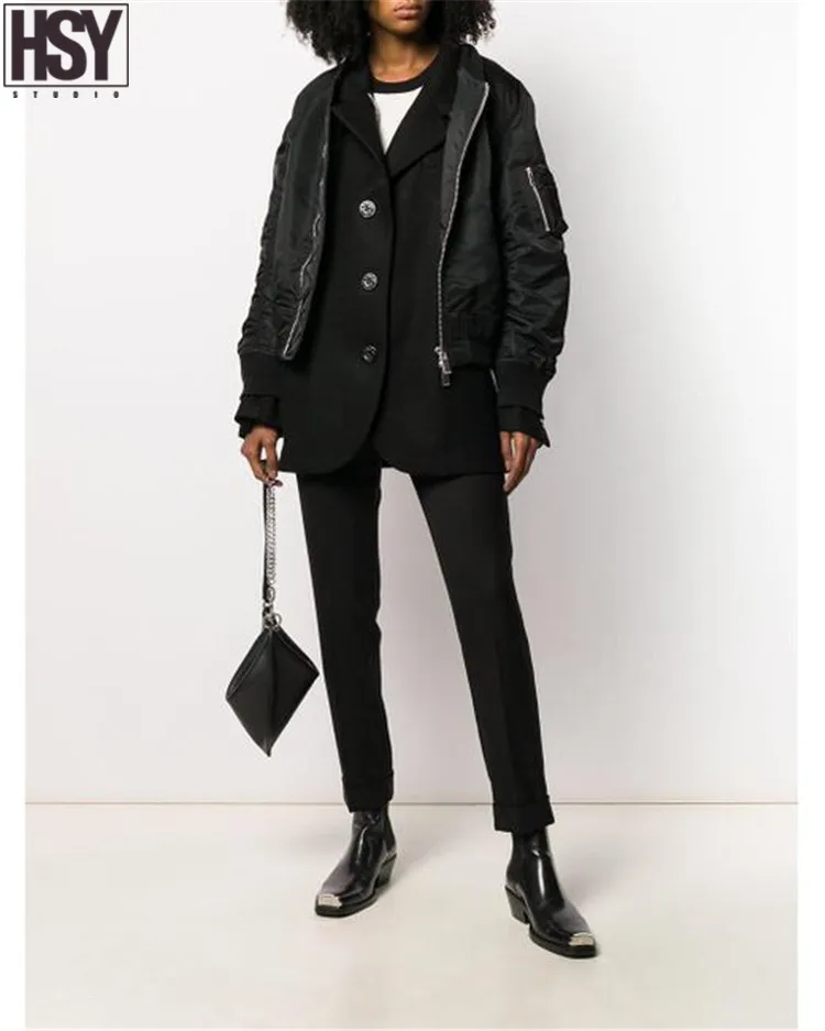 【HSY】 осень зима новые женские поддельные двухсекционные пальто короткая куртка на молнии Лоскутная куртка с длинными рукавами и отворотом 2 цвета