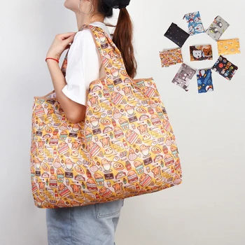 Fashion Printing Foldable Eco-Friendly Shopping Bag Tote Folding Pouch Handbags Convenient Large-capacity for Travel Grocery Bag