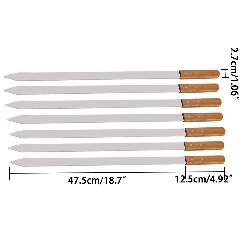 23.5" 60cm Stainless Steel BBQ Skewers Long Handle Barbecue Skewer Kabob Flat Rubber Wood Large Wide Grill Fork Stick 2-6pcs barbecue skewers bbq grilling accessories