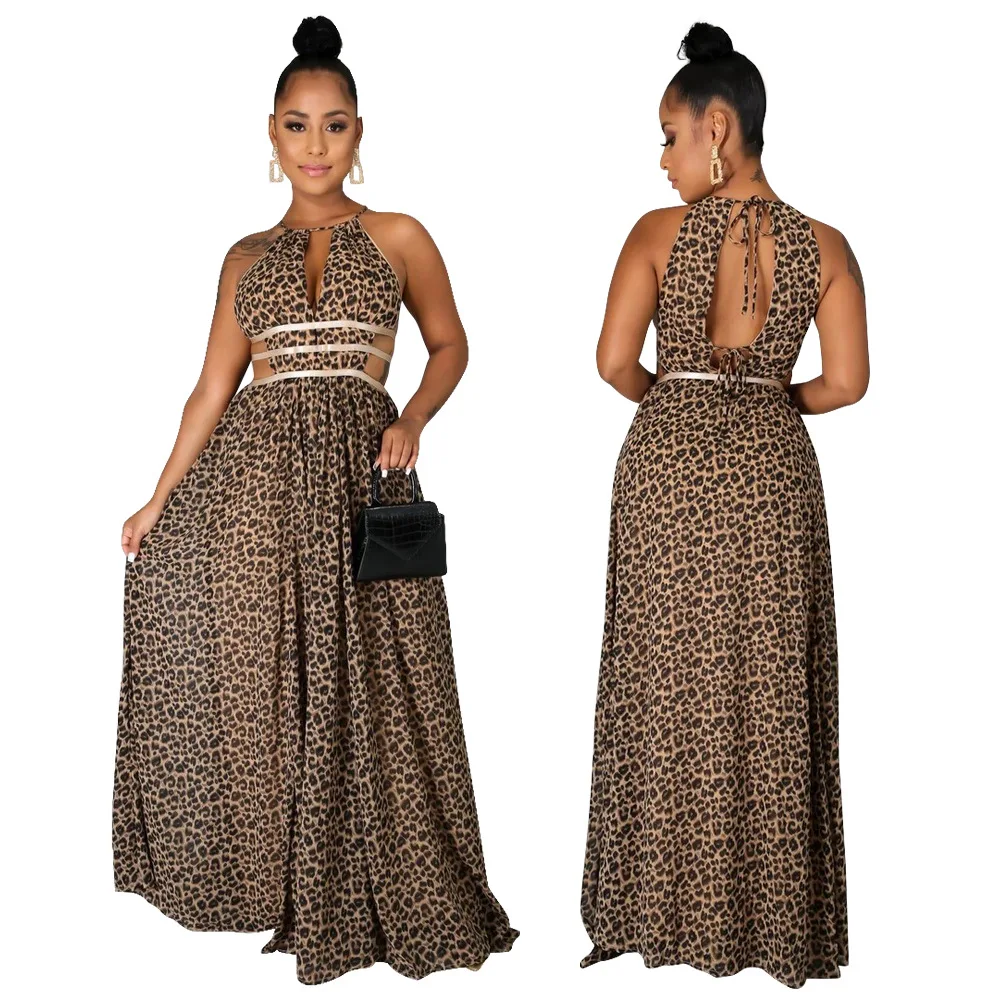 ]New Sexy Halter Neck Sleeveless Fashion Leopard Print Dress Women Club Party Maxi Long Dress Vestidos Female Loose Chic Clothes