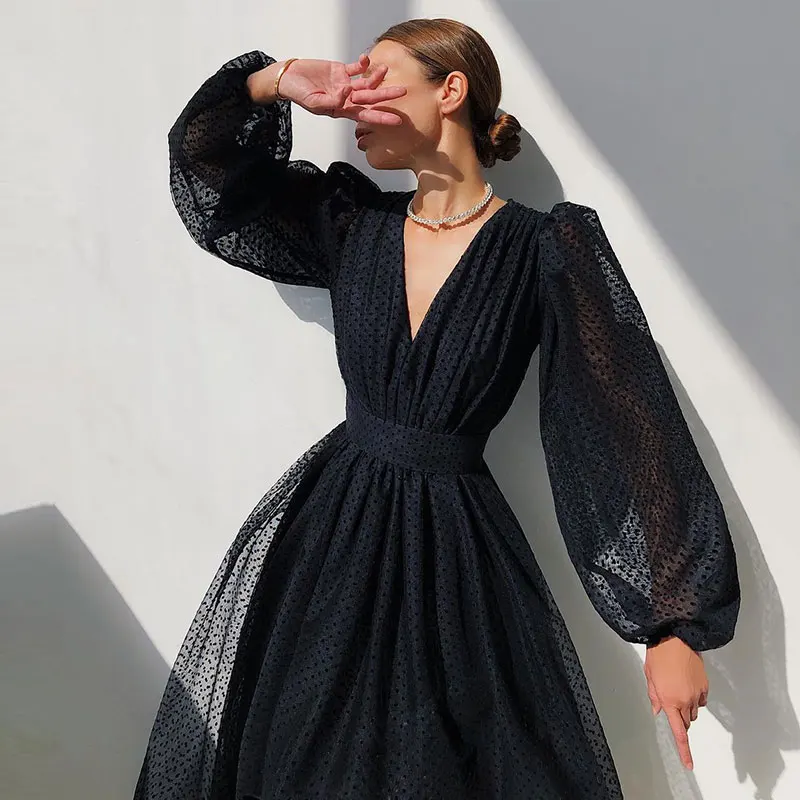 

2022 Summer Polka Dot Dress Casual A-LINE V-Neck Princess Sleeves Draped Elegant Birthday Party Holiday Long Sleeve Dress