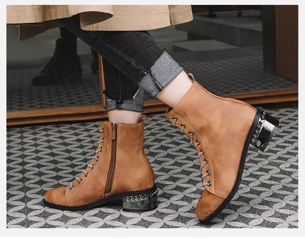 JSI/женские ботинки модные зимние женские ботинки ручной работы до середины икры на шнуровке, с цепочкой, из микрофибры, на среднем квадратном каблуке, с круглым носком, JE21