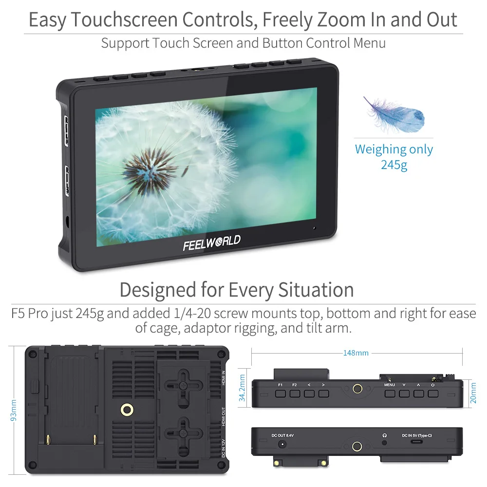 FEELWORLD F5 Pro 5.5 Inch on DSLR Camera Field Monitor Touch Screen IPS FHD1920x1080 4K HDMI Video Focus Assist for Gimbal Rig