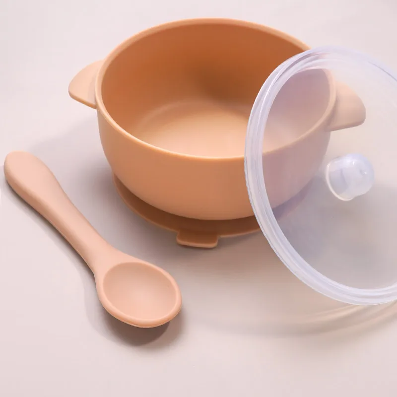 High Quality Silicone Baby Sucker Bowl With Lid BPA Free Waterproof Toddler Plate Set Portable Silicone Spoon For Kids 5