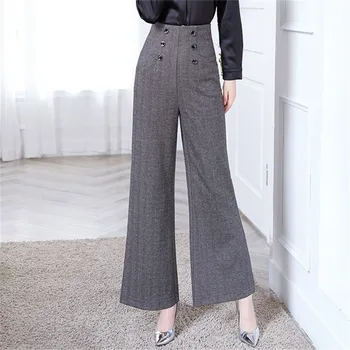 

NEW 2019 Warm Autumn Winter Woolen Wide Leg Pants For Women Loose Trousers Women's Office Lady Trouser High Waist Thick Pant