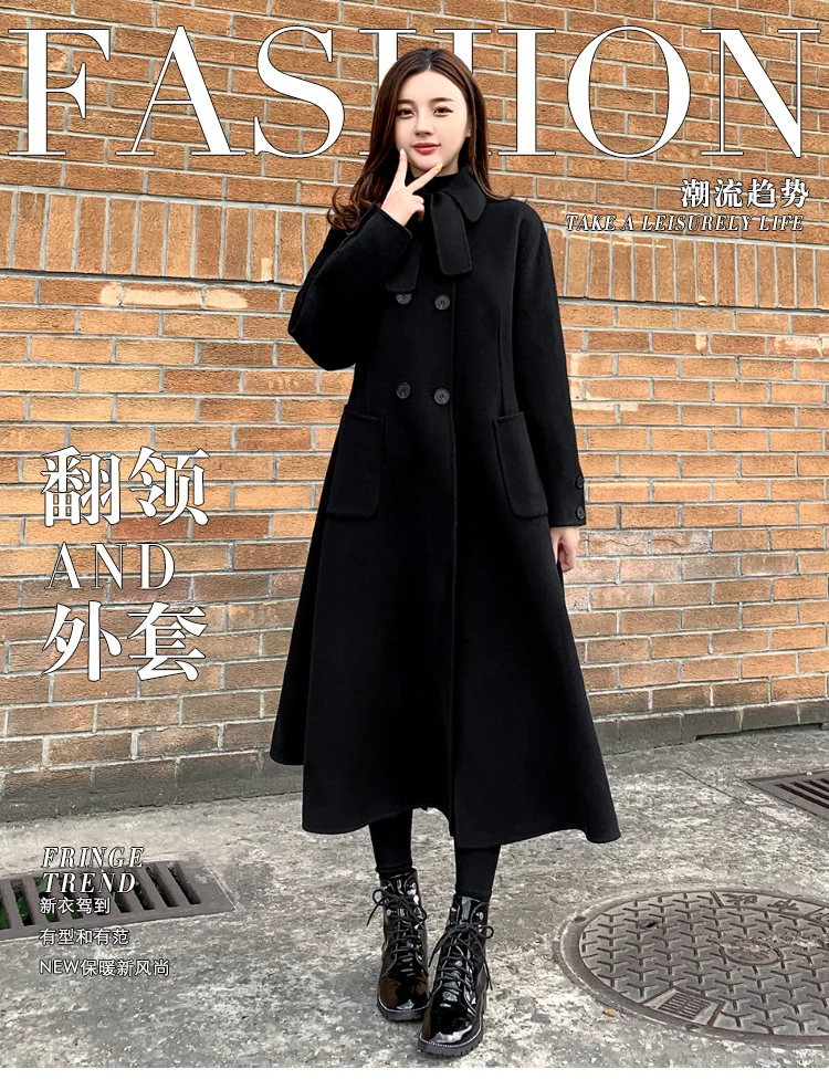 Зимние женские пальто большой размер шерстяная куртка Корейская версия Пальто приталенное черное пальто женское двубортное пальто 5XL