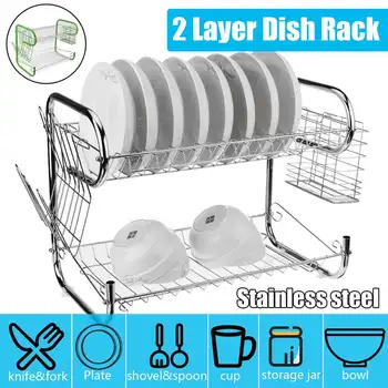 

2 Tier Iron Chrome Dish Drainer Drying Rack Removable Rust Proof Utensil Holde For Kitchen Counter Storage Rack