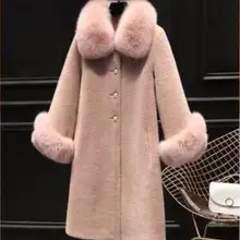 Осенняя роскошная женская куртка с воротником из натурального Лисьего меха, меховые пальто из натуральной шерсти, длинное теплое зимнее пальто из овчины