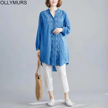 

2020 Spring Autumn Women Fashion Elegant Embroidery Tops Female Ladies Plus Size Women Adjustable Sleeve Loose Jean Blouse Shirt