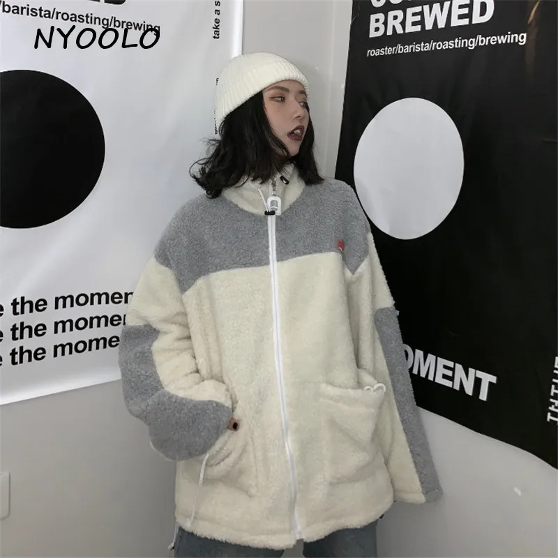 NYOOLO Harajuku стиль уличная одежда с большими карманами лоскутное теплое пальто из овечьей шерсти Осень Зима на молнии куртка-бомбер женская верхняя одежда