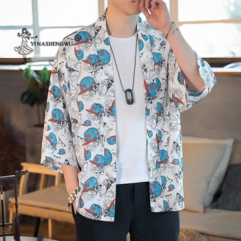 

Japanese Kimono Men Kimono Cardigan Yukata Men Print Asia Clothes Top Kimono Cosplay Costume Summer Beach Thin Casual Shirt Coat