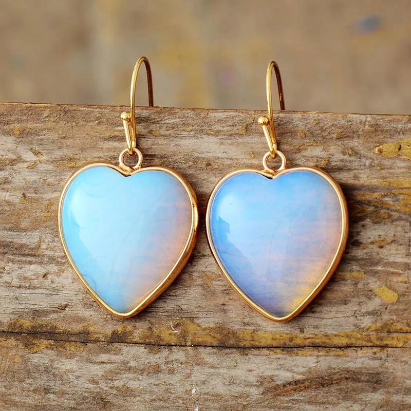 Natural Stone Heart Shape Necklace Earring Set Opal Gold Tone Jewelry Sets Classic Elegant Teengirls Women Anniversary Jewelry