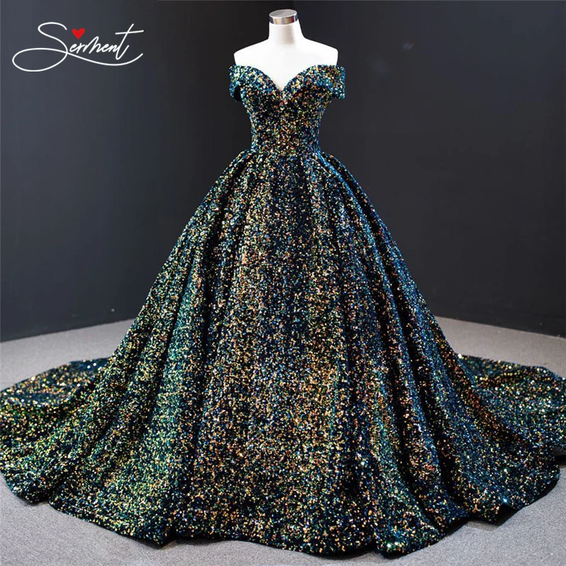 

Luxury Colorful Sequins Flash Wedding Dress Word Gradient Gradient Sequins Burst Gold Bride 150cm tail Wedding OllyMurs