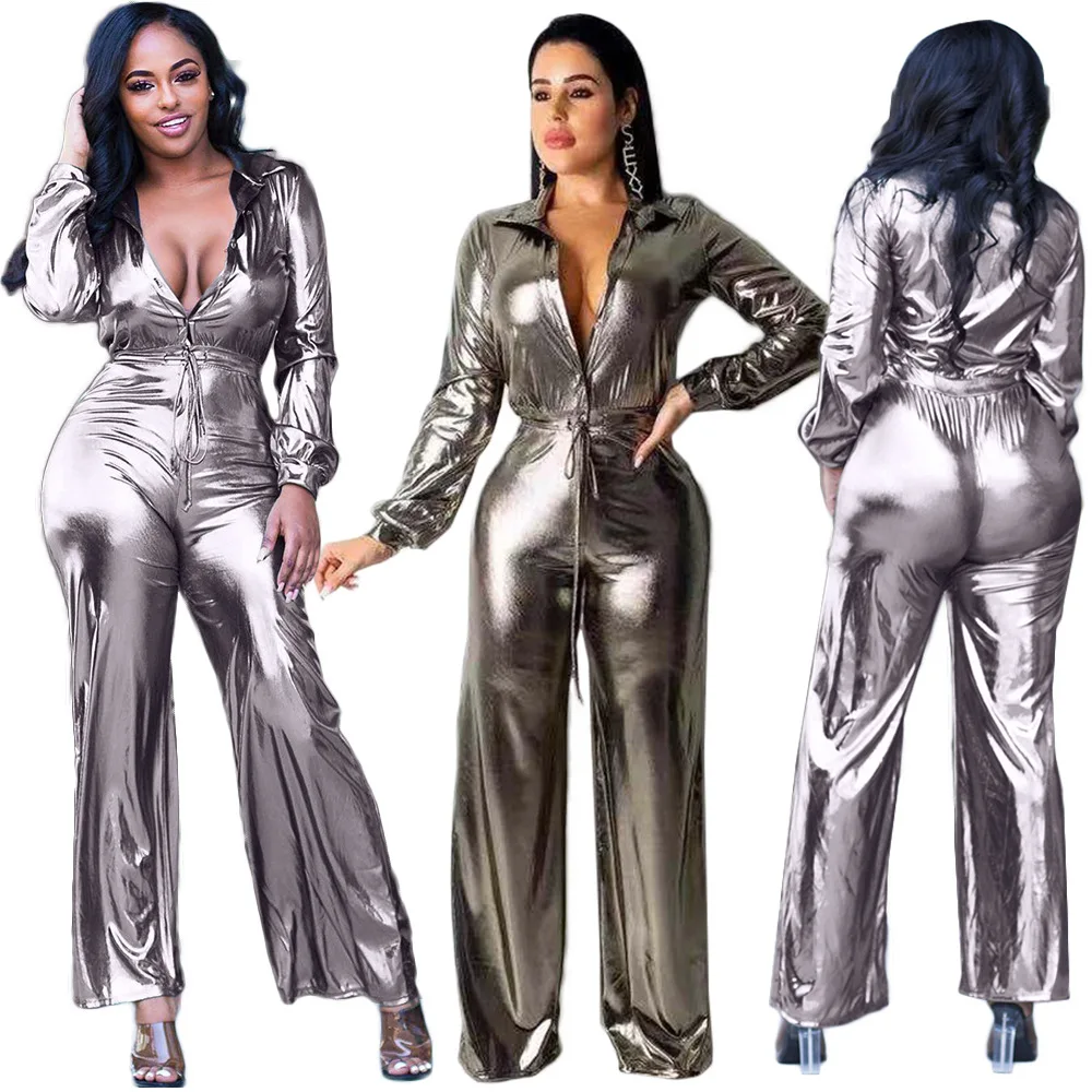 Дизайн, современные женские одноцветные комбинезоны с отложным воротником и длинным рукавом, прямые длинные Комбинезоны YX9141G