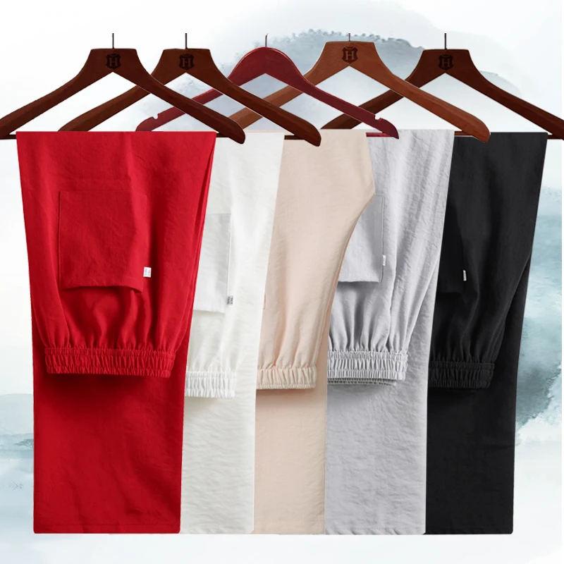 

Middle-Aged And Elderly Cotton Linen Casual Pants Men'S Summer Thin Section Mid-High Waist Loose Dad Elastic Waist Grandpa Pants