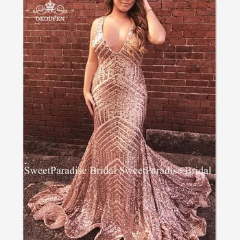 

Bling Rose Pink Sequined Evening Dress Mermaid Plunging Neck Long Chapel Train Backless Prom Dresses For Women Robe De Soiree