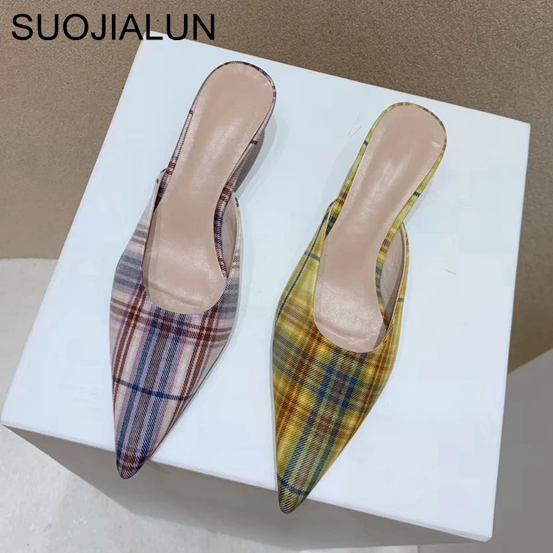 

SUOJIALUN Women Slippers Fashion Fluorescent Check Cloth Shoes Pointed Toe Low Heel Luxury Brand Mules Slides Outsides Sandal
