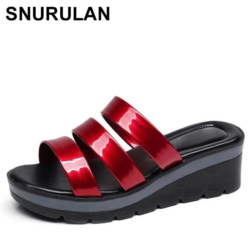 

SNURULAN Quality Patent Leather Wedges Slides Women Shoes Summer 2021 Elegant Platform Slippers Woman Plus Size 41 42 43