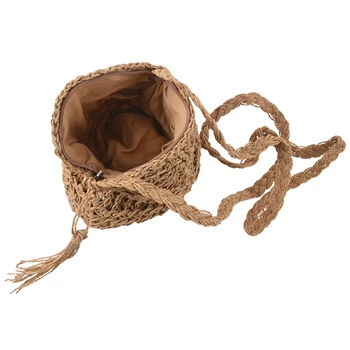 

Rattan Crochet Straw Woven Basket Bali Handbag Round Circle Crossbody Shopper Beach Tote Bag(Light Brown)