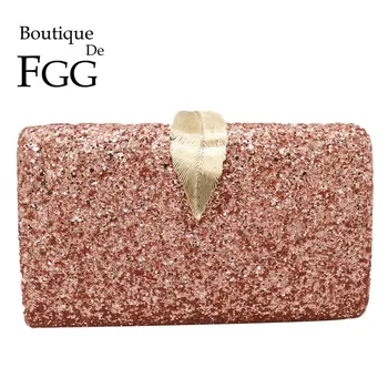 

Boutique De FGG Pink Glitter Women Clutches Evening Bags Leaf Clasp Ladies Fashion Chain Shoulder Crossbody Handbags and Purses