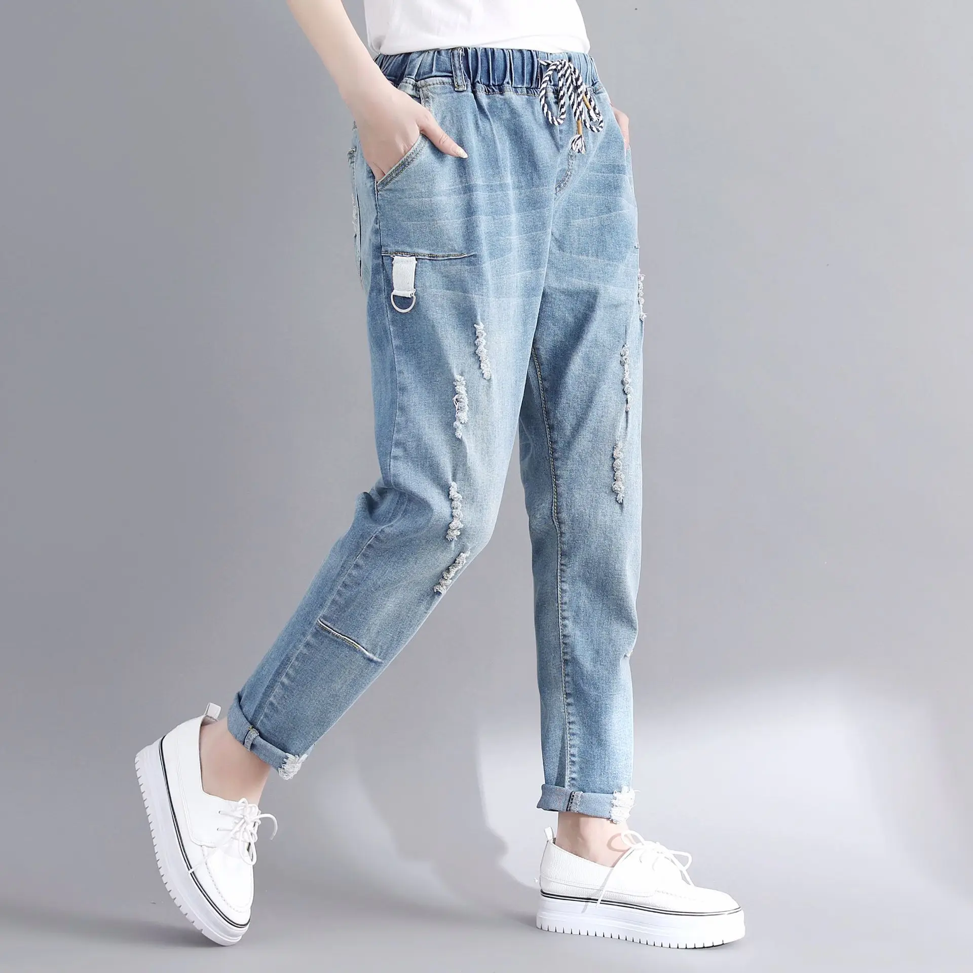 Jeans woman Stretch Pencil Pants Plus Size Elastic Waist Thin Ripped Jeans Women 2020 Summer