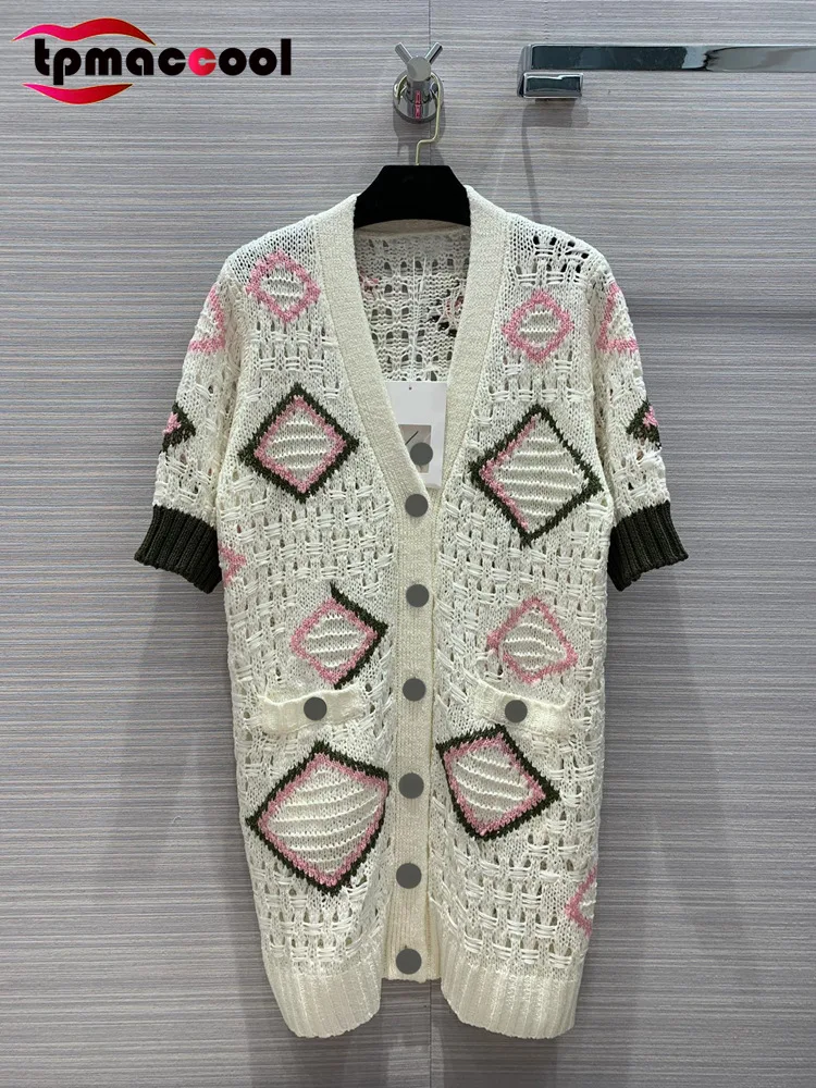 

High end runway Summer Women's New Elegant Lady Hollow out Stitched crochet geometric Pattern short Sleeve long Cardigan Sweater