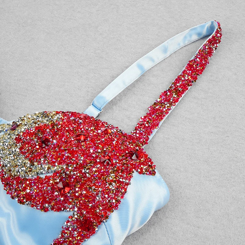 PB Stylish High Waist Starfish Beads Satin Slip Dress Sexy Square Collar Sleeveless Celebrity Party Club Free Shipping 3