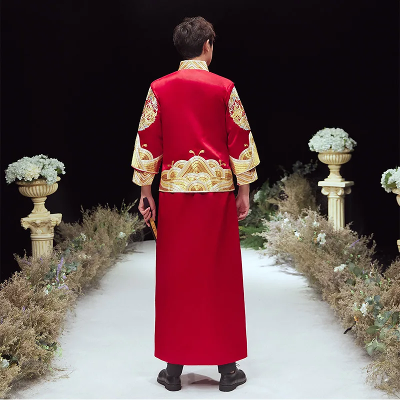 Terno Noivo Colete Gravata New Chinese Bridegroom's Dress Ancient Wedding Men's Tang Suit Style Dragon Phoenix Jacket Xiuhe