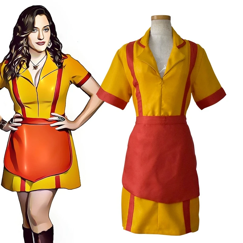Custom Made 2 Broke Girls Costume Halloween Outfit Max Black Caroline Wesbox Channing Cosplay Suit Apron Dress |