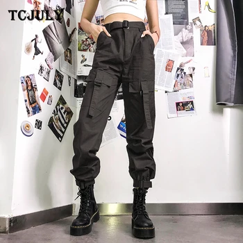 

TCJULY Spring 2020 New Arrival 100% Cotton Harem Pants Women Pockets Solid High Waisted Trouusers Streetwear Casual Jogger Pants