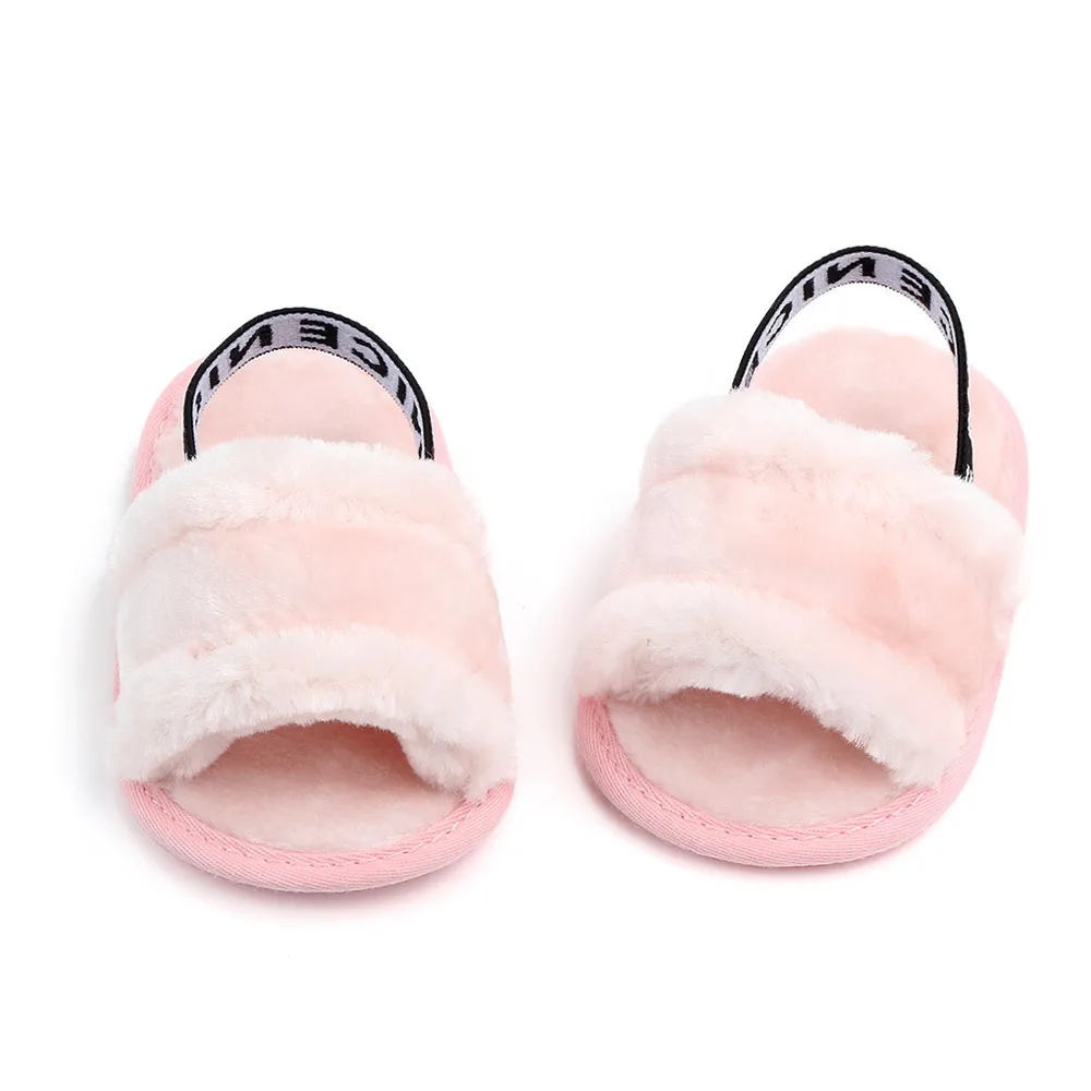 Baby Girl Newborn Letter Elastic Band Sneaker Anti-slip Fuzzy Soft Sole Fleece Slipper First Walkers Crib Shoes Pram Prewalker