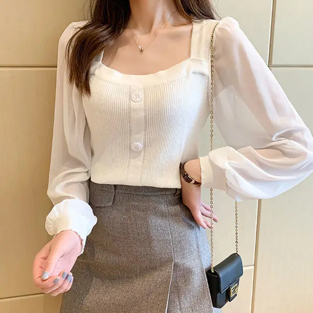 

Women's Knitted Pullover Square Collar Knitting Chiffon Stitching Puff Long Sleeves Slim Tops Wholesale Elegant New Lady Clothes