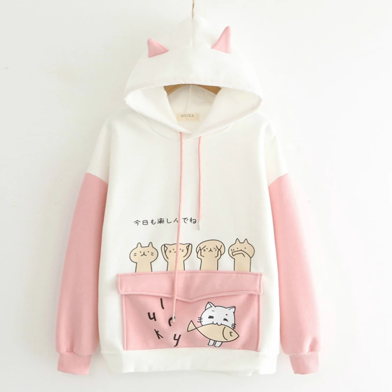 

2020 Women's Harajuku Cartoon Cat Fish Hoodies Sweatshirts Cotton Velvet Hooded Sweatshirt with ears on hood Pullovers Pocket