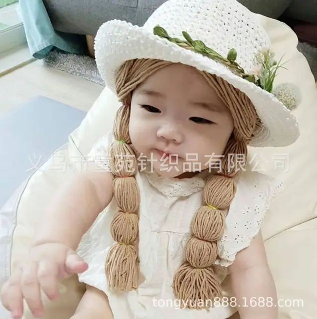 Spring Summer Baby Kids Girl Sun Block Hat Beach Hair Pigtail Braid Wig Cap Children Girls Flower Straw Hat Cap New Arrivals 4