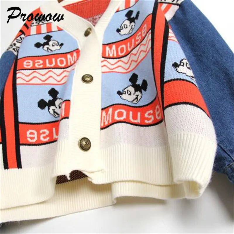 Mickey Cardigan Sweater Cartoon Loose Sweater Stitching Denim Sweater Coat Women Casual Sweater Cardigan Female Tops