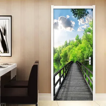 

PVC Waterproof Self-Adhesive Door Sticker Wallpaper Wall Decals Living Room Bedroom Door Sticker 3D Wooden Bridge Forest Mural