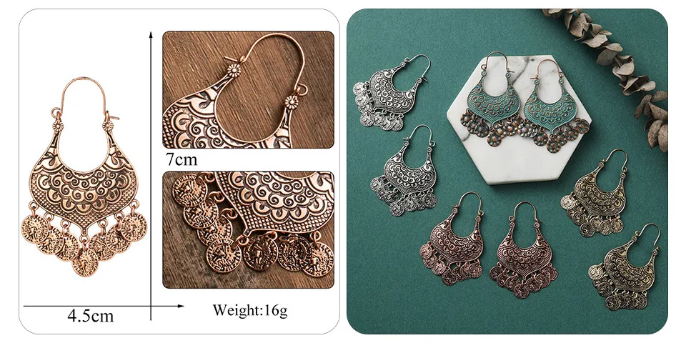 Ethnic Bronze Silver Rose Gold Color African Earrings Jewelry 14 Style Bohemian Metal Tassel Fringe Leaf Hanging Drop Earrings for Women&Girls Wholesale Dropshipping (12)