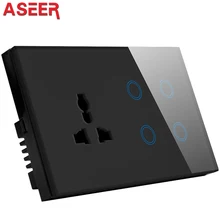 ASEER UK 4 банды wifi выключатель света с обычной розеткой, черная стеклянная панель смарт-переключатель розетка, совместимый alexa, google assistant