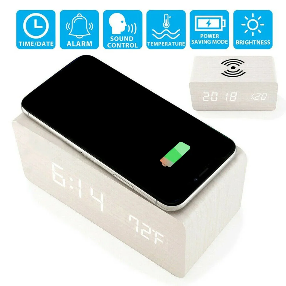 Прямоугольные деревянные часы Голосовое управление USB Led многофункциональный двойной мощность стол Qi Беспроводное зарядное устройство цифровой дисплей домашний подарок будильник