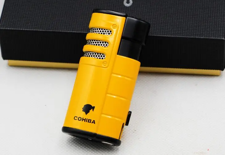 Yellow Cohiba Metal Cigarette Cigar Tobacco Lighter 3 Torch Jet Flame With Punch Refillable Windproof Smoking Accessories Gift Box - Цвет: Yellow