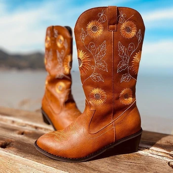 

Women Shoes New Large Fashion Women's Boots Autumn Winter 2020 Thick Low Heel Round Toe Mid Calf Boots Embroider Women's Boots